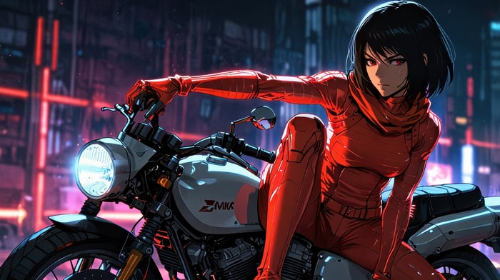Mikasa Ackerman on a Cyberpunk Motorcycle