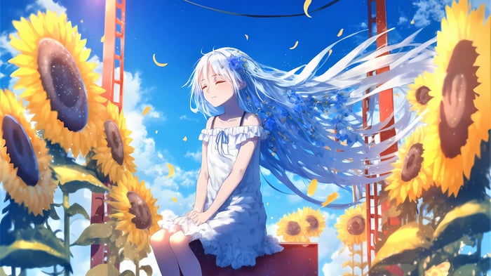Anime Girl with Flowers in Hair Among Sunflowers