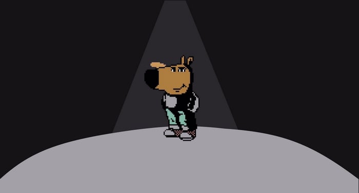A pixelated dog character in a spotlight