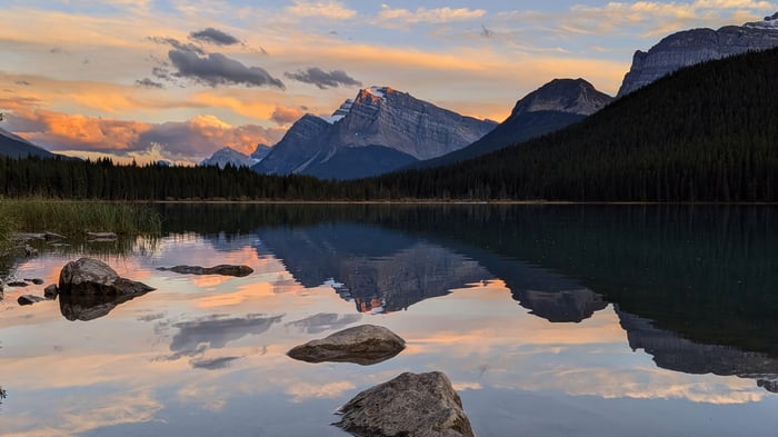 Banff Canada Mountains Reflected in Lake at Sunset