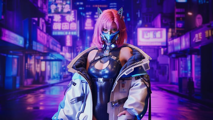 Cyberpunk masked girl with pink hair in neon city