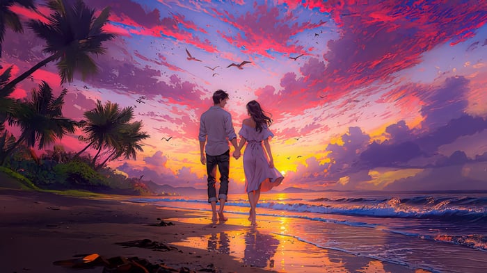 Couple walking on beach at sunset