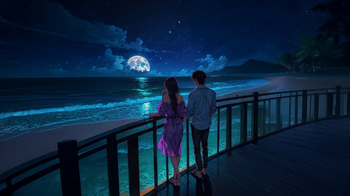 Couple watching the moonlit ocean at night