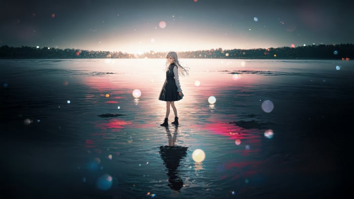 Anime Girl Standing in Water at Twilight