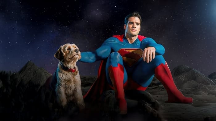 Superman and his dog sitting on a rocky surface under a starry sky