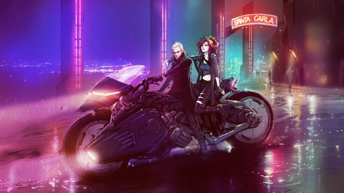 Neon Night Riders on a Motorcycle