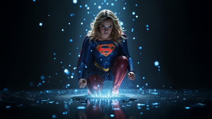 Supergirl kneeling with blue energy