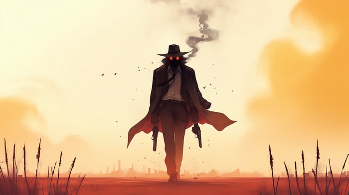 Gunslinger with glowing eyes and pistols in a desert