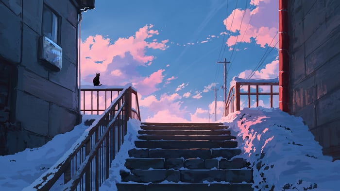 A black cat sits on a snowy railing under a pink and blue sky.