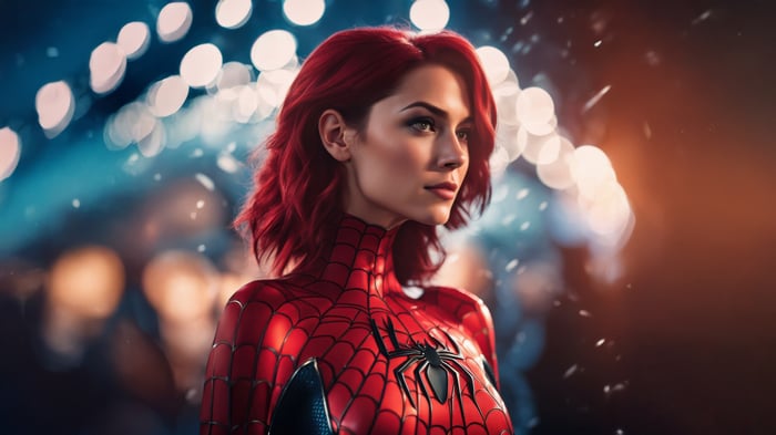 Spiderwoman with red hair in a city at night