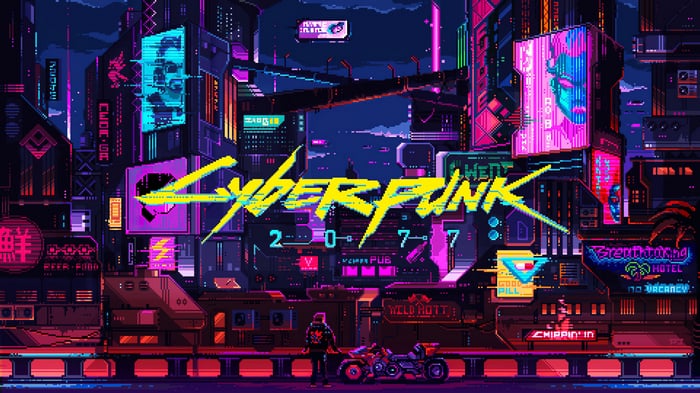 Cyberpunk 2077 pixel art cityscape