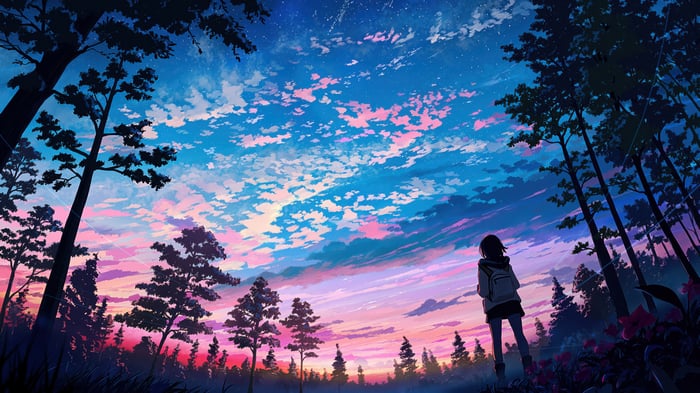 Anime girl looking at a colorful sunset in the woods