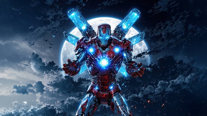 Iron Man in front of a large moon