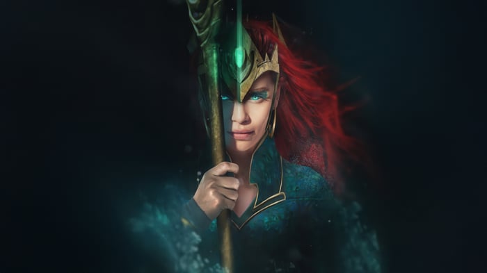 Emilia Clarke as Mera holding a trident