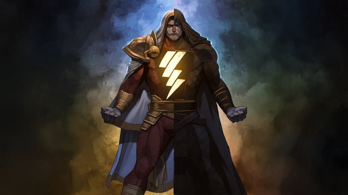 Black Adam with Shazam lightning bolt symbol