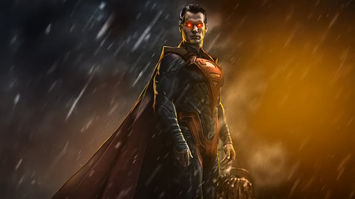 Superman with glowing red eyes in the rain