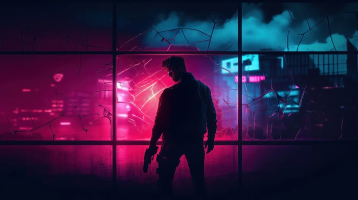 Man with Gun in Neon City Through Broken Window