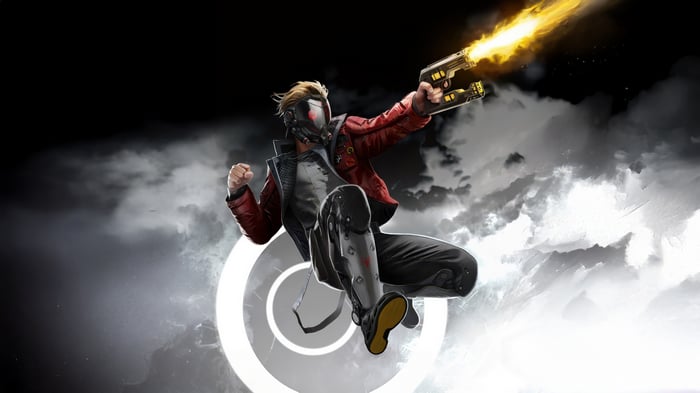 Star Lord firing guns in the sky