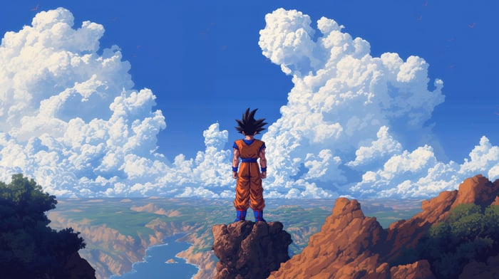 Son Goku standing on a cliff overlooking a canyon