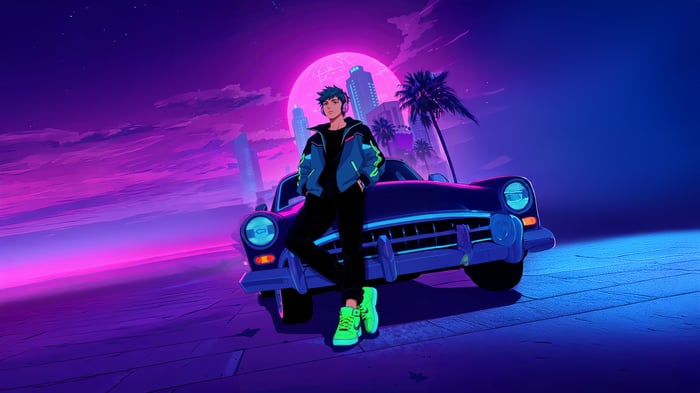 Man and classic car on a neon city street
