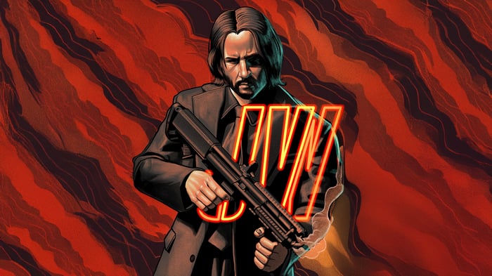 John Wick with Shotgun and Neon Text