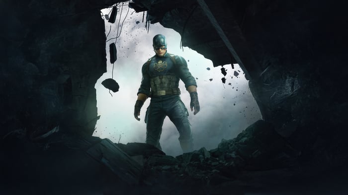Captain Hydra stands in a destroyed environment