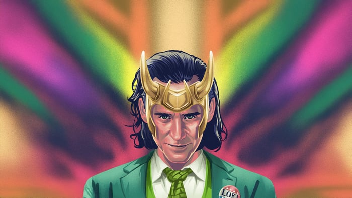 Loki wearing his golden horns and green suit