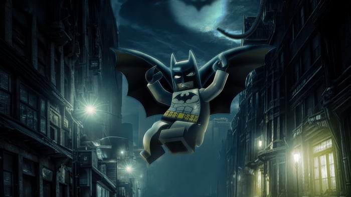 Lego Batman Flying Through a Dark City