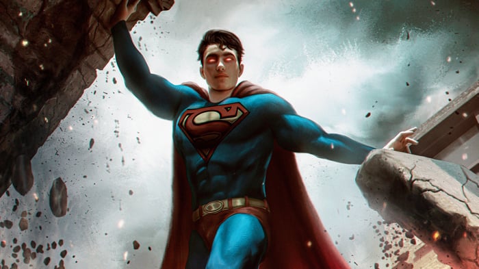 Superman holding up debris with glowing red eyes