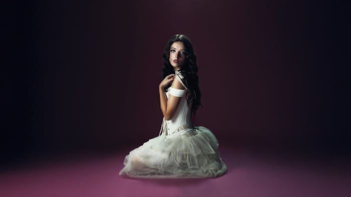 Lysa Singer in a white corset and skirt