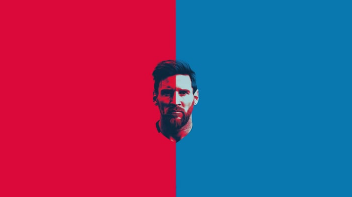 Lionel Messi split by red and blue background