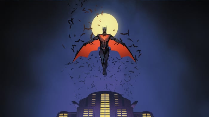 Batman Beyond flying with bats and moon