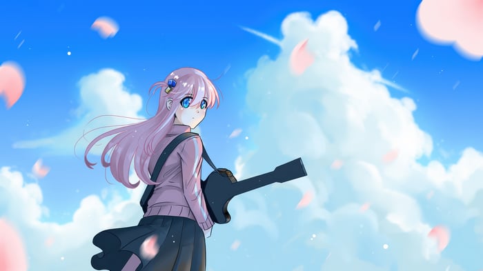 Anime girl with pink hair playing guitar under a blue sky