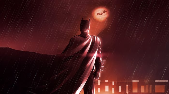 Batman in the Rain with Bat-Signal