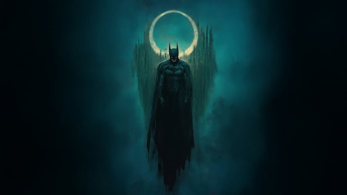 Batman standing in front of a ring and city