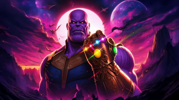 Thanos with the Infinity Gauntlet in a cosmic landscape