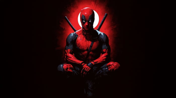 Deadpool sitting in a meditative pose