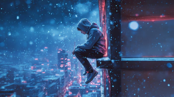 A lone guy in a snowstorm overlooking a city