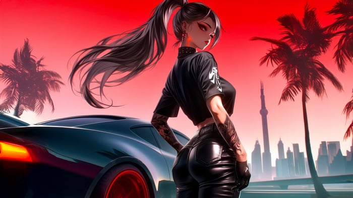 Anime Girl Poses With Sports Car In Cityscape