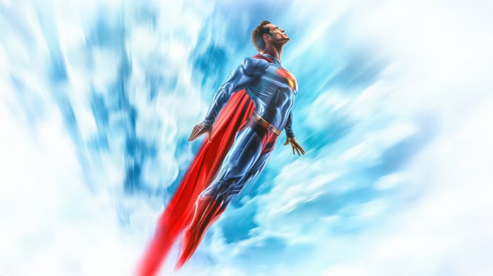Superman flying through the clouds