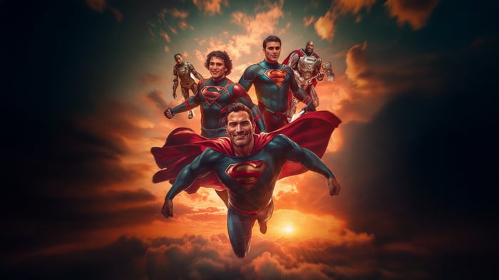 Multiple Supermen flying in the sky