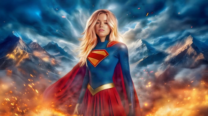 Milly Alcock as Supergirl in a dramatic mountain scene