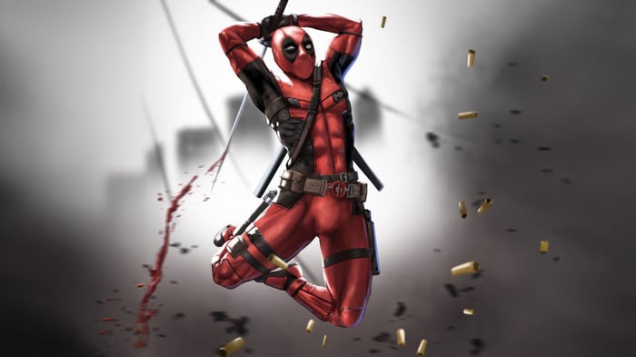 Deadpool in Action with Swords and Bullets