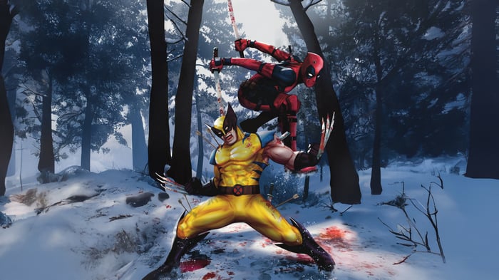 Deadpool and Wolverine fighting in a snowy forest