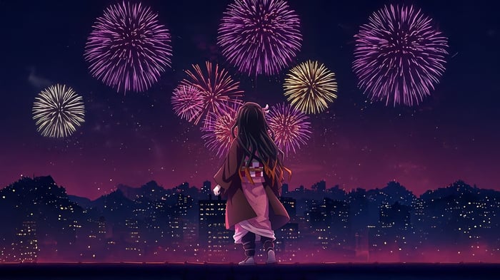 Anime girl watching fireworks over a city