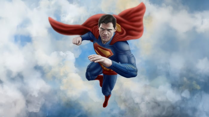 Superman flying through clouds