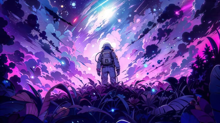 Astronaut standing in a field of alien plants under a starry sky
