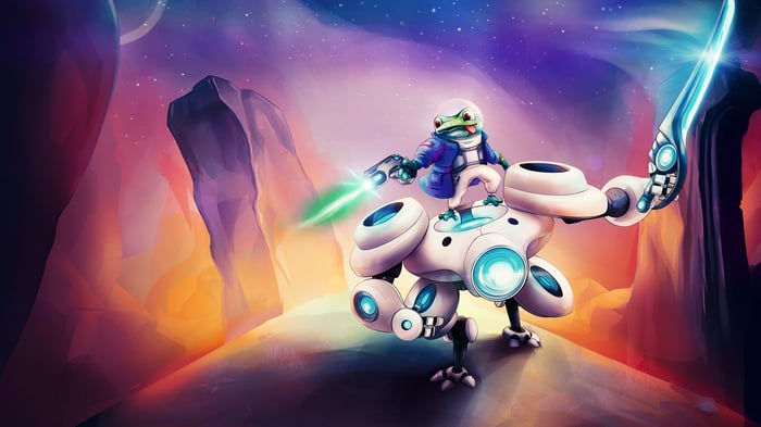 Frog in space suit riding a robot
