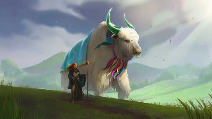 A woman and a decorated yak walk through hills