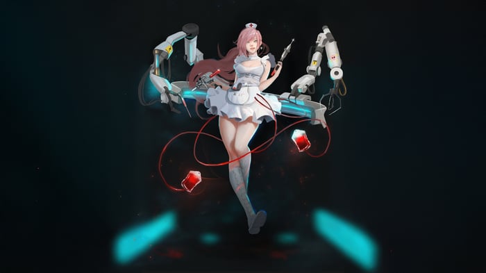 Super Nurse with Robotic Arms and Blood Bags